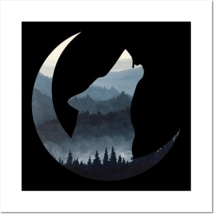 Wolf mountain landscape silhouette howling to the moon Posters and Art